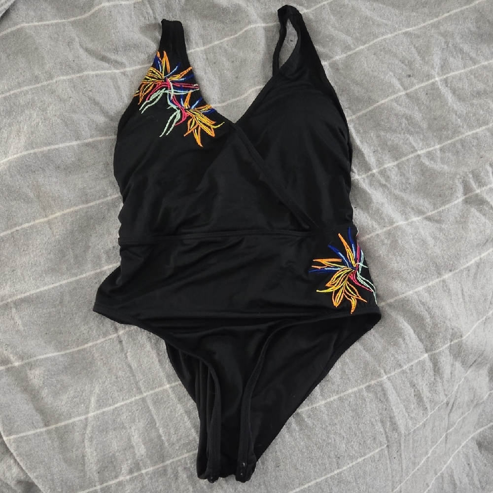 La Vie En Rose Black One-Piece Swimsuit with Multicolor Embroidery